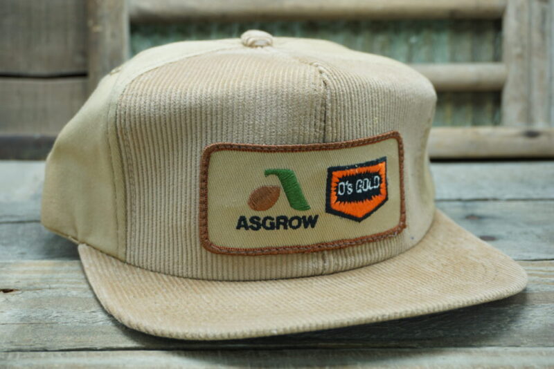 Vintage Asgrow O's Gold Snapback Trucker Hat Cap K Products Made in USA Corduroy