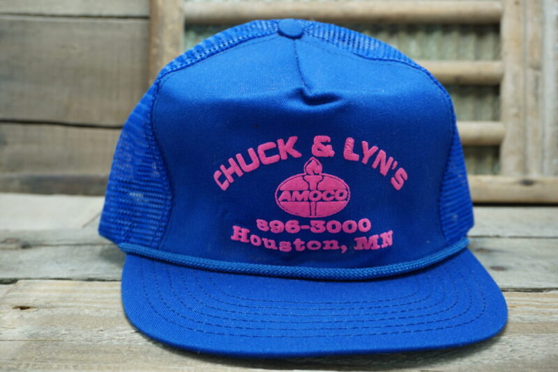 Vintage Amoco Chuck & Lyn's Convenient Store Gas Houston MN 507-896-3000 Strapback Trucker Hat Cap Mesh
