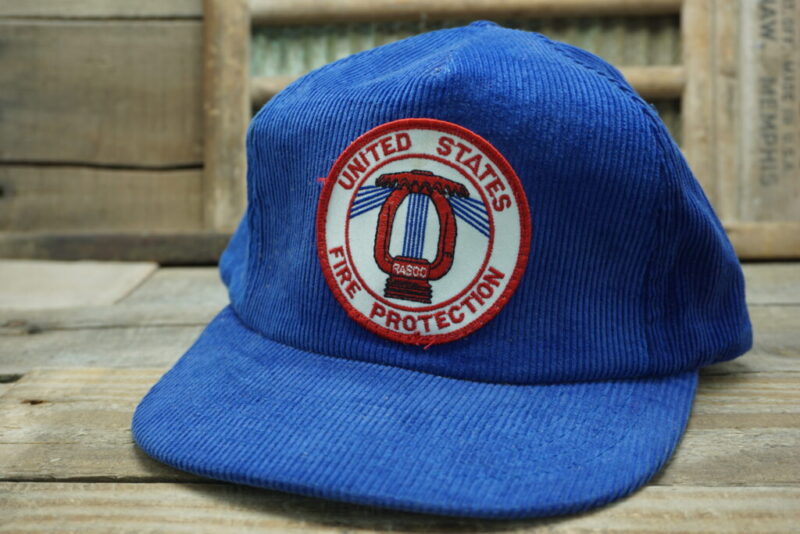 Vintage United States Fire Protection Snapback Trucker Hat Cap Corduroy Patch RASCO FR Fire Sprinkler Heads