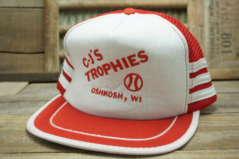 Vintage C-J's Trophies Oshkosh Wisconsin Baseball Three Stripes Hat Snapback Trucker Hat Cap Mesh