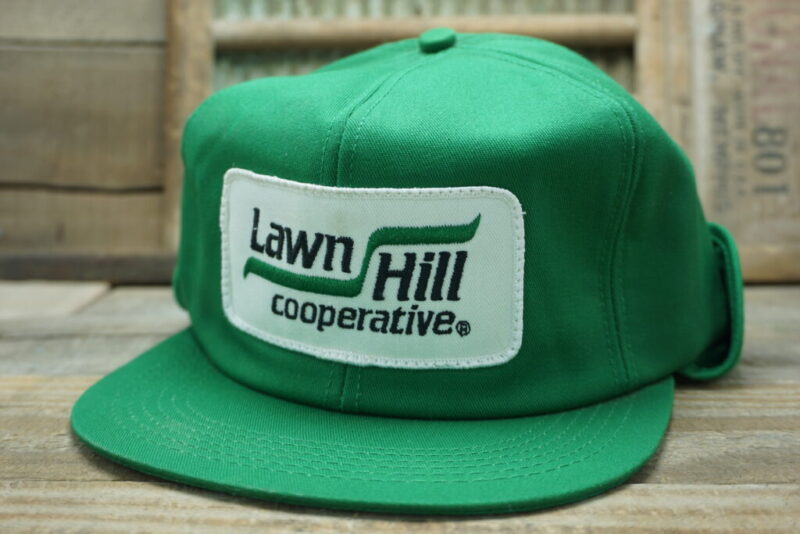 Vintage Lawn Hill Cooperative COOP Winter Ear Flap Lined Snapback Trucker Hat Cap Patch K Brand Made In USA
