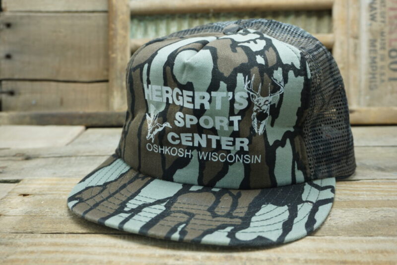 Vintage Trebark Hergert's Sport Center Oshkosh Wisconsin Camo Snapback Trucker Hat Cap Made In USA