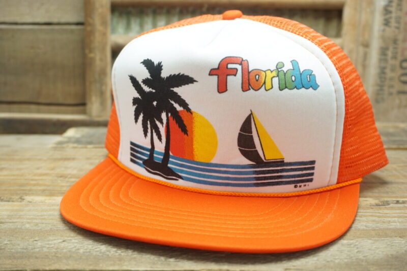 Vintage FLORIDA Sunset Sunrise Palm Tree Mesh Snapback Trucker Hat Cap