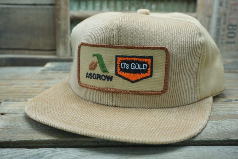 Vintage Asgrow O's Gold Snapback Trucker Hat Cap K Products Made in USA Corduroy
