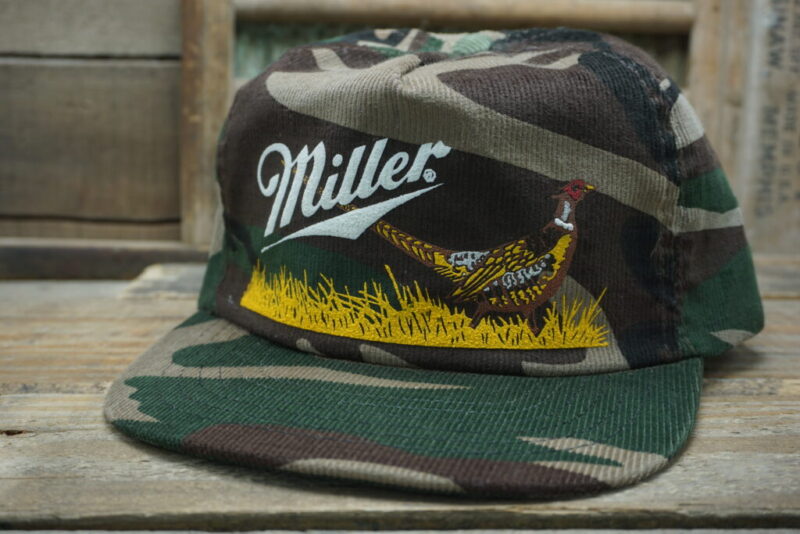 Vintage Miller Beer Pheasant Camo Corduroy Snapback Trucker Hat Cap Made In USA