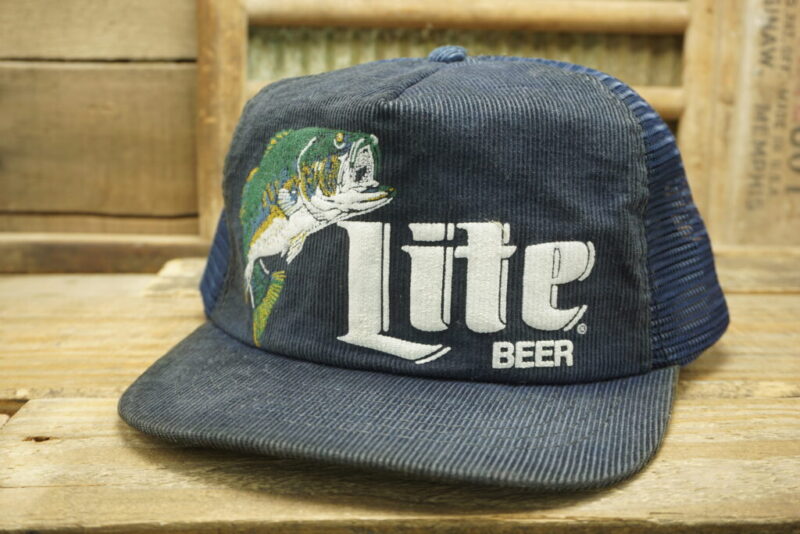 Vintage Miller Lite Beer Bass Mesh Corduroy Snapback Trucker Hat Cap Made In USA