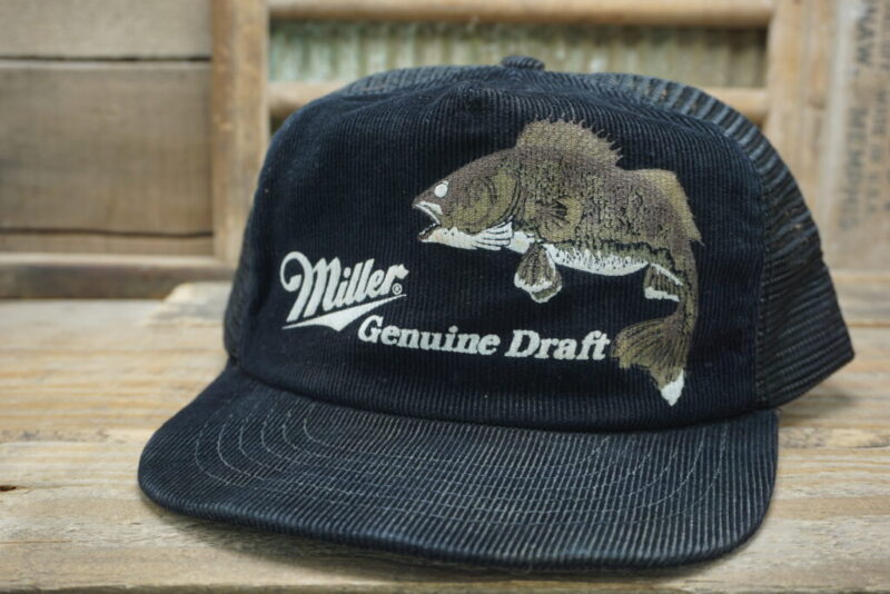 Vintage Miller Beer Genuine Draft Walleye Fish Mesh Corduroy Snapback Trucker Hat Cap Made In USA