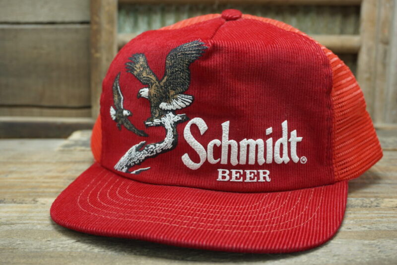Vintage Schmidt Beer Bald Eagle Mesh Corduroy Snapback Trucker Hat Cap Made In USA