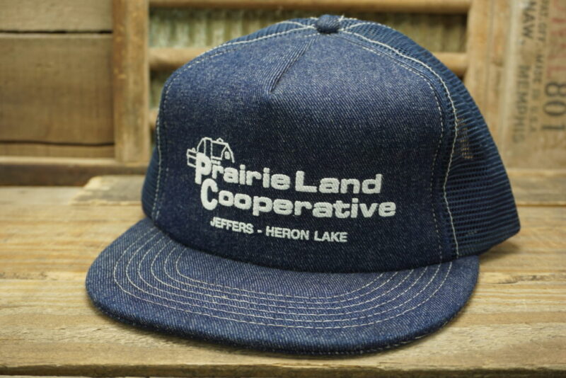 Vintage Prairie Land Cooperative Jeffers Heron Lake Denim Mesh Snapback Trucker Hat Cap