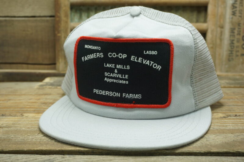 Vintage Farmers CO-OP Elevator Pederson Farms Mesh Patch Snapback Trucker Hat Cap Monsanto Lasso Lake Mills Scarville Made In USA
