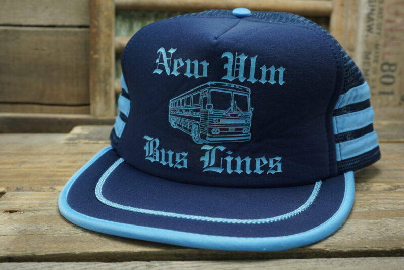 Vintage New Ulm Bus Lines 3 Stripes Three Stripe Mesh Snapback Trucker Hat Cap