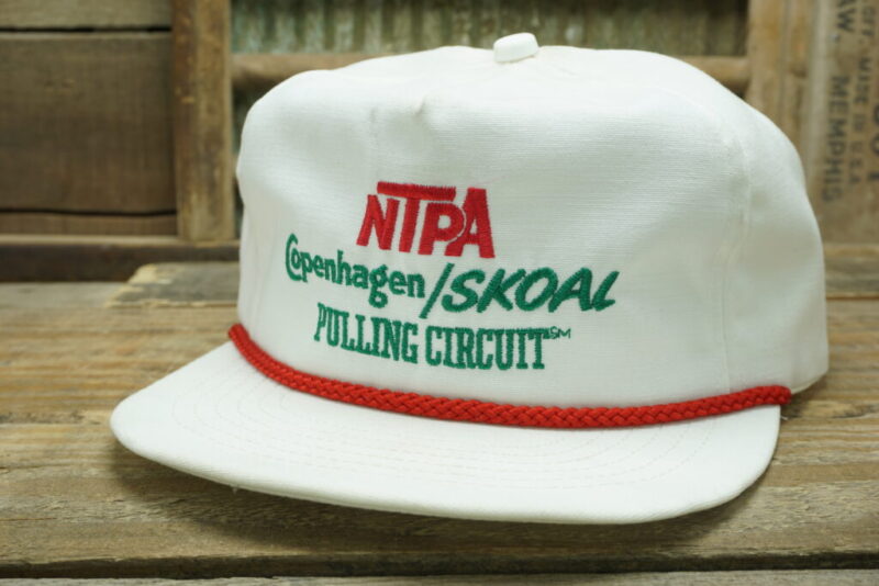 Vintage NTPA National Tractor Pullers Association Copenhagen Skoal Pulling Circuit Smokeless Tobacco Snapback Trucker Hat Cap Made In USA Rope