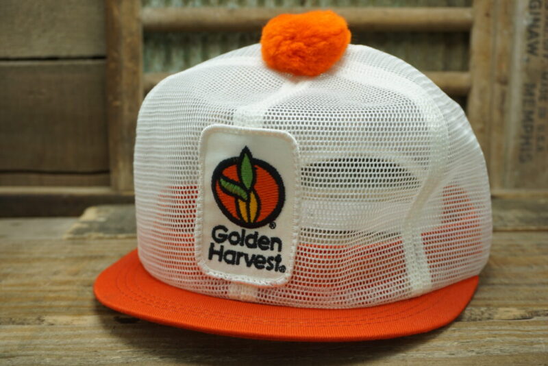 Vintage Golden Harvest Ladies Pom Pom Short Bill Full All Mesh Patch Snapback Trucker Hat Cap K Brand Made in USA