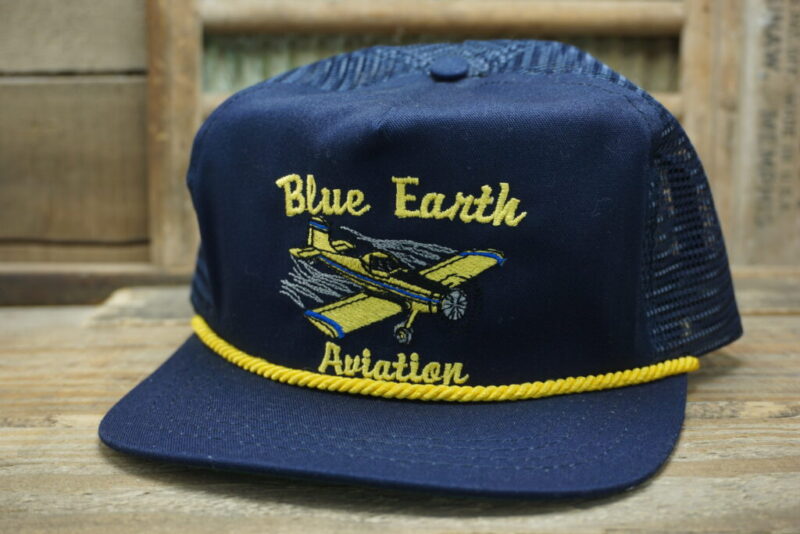 Vintage Blue Earth Aviation Mesh Snapback Trucker Hat Cap Made In USA Rope