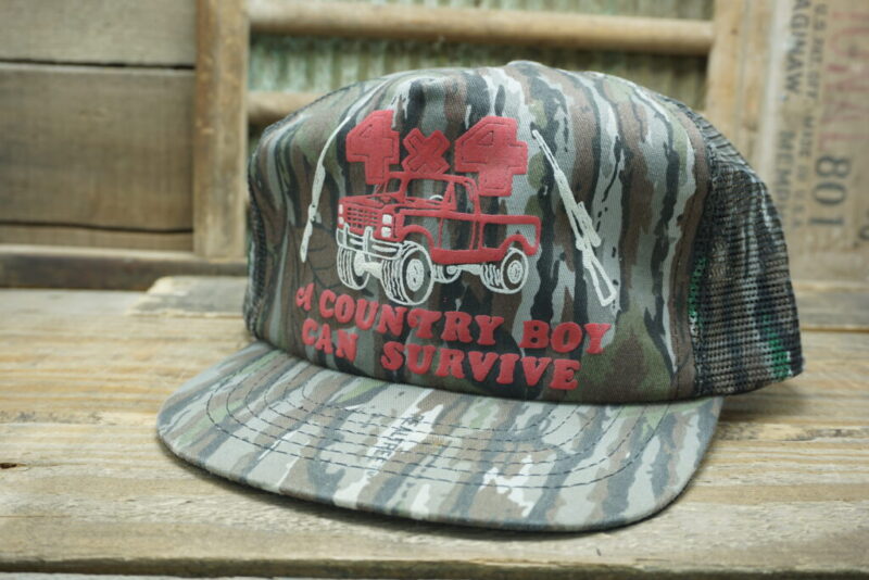 Vintage 4X4 Truck Guns A Country Boy Can Survive Mesh Camo Snapback Trucker Hat Cap Made In USA