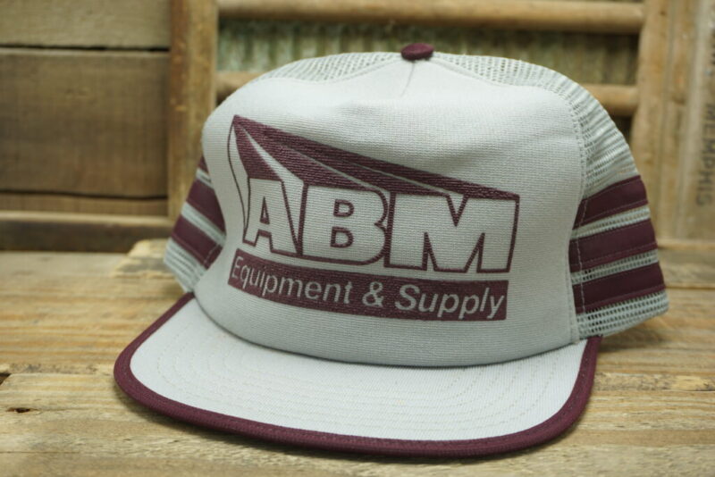 Vintage ABM Equipment & Supply Mesh Three Stripes 3 Stripe Snapback Trucker Hat Cap Made In USA