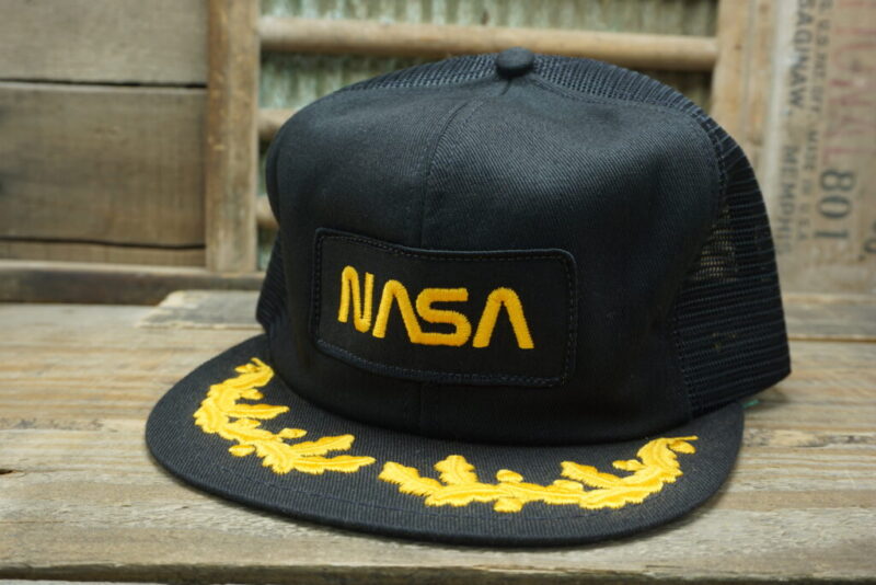 Vintage NASA Mesh Gold Leaf Patch Snapback Trucker Hat Cap K Products Made In USA
