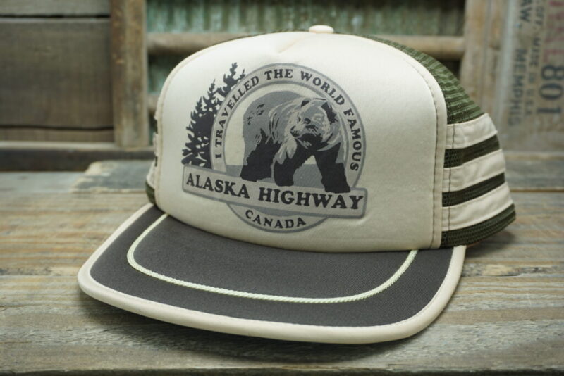 Vintage Alaska Highway Canada I Traveled the World Famous Alaska 3 Stripes Three Stripe Mesh Snapback Trucker Hat Cap