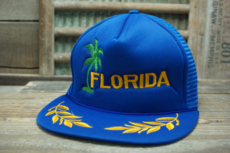 Vintage Florida Gold Leaf Palm Tree Mesh Snapback Trucker Hat Cap