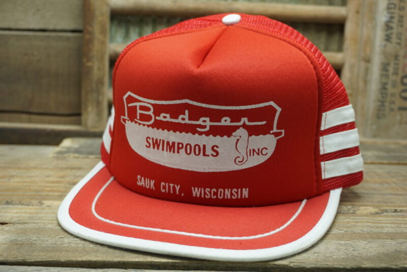 Vintage Badger Swimpools Inc Sauk City Wisconsin WI Mesh 3 Stripes Three Stripe Snapback Trucker Hat Cap