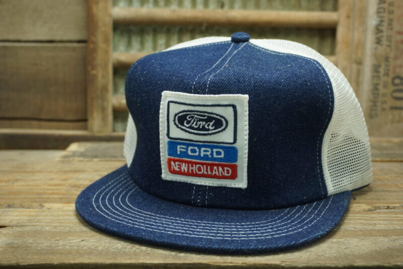 Vintage Ford New Holland Mesh Patch Denim Snapback Trucker Hat Cap K Products Made In USA
