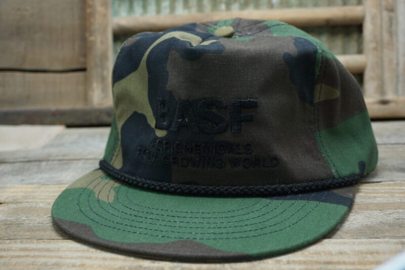 Vintage BASF Camo Agrichemicals For a Growing World Rope Made In USA Strapback Snapback Trucker Hat Cap