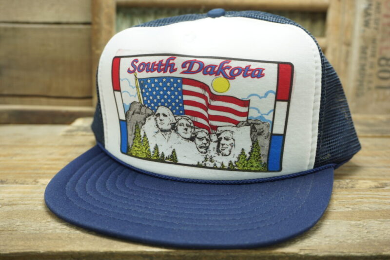 Vintage South Dakota Mount Rushmore Mesh Snapback Trucker Hat Cap American Flag Presidents