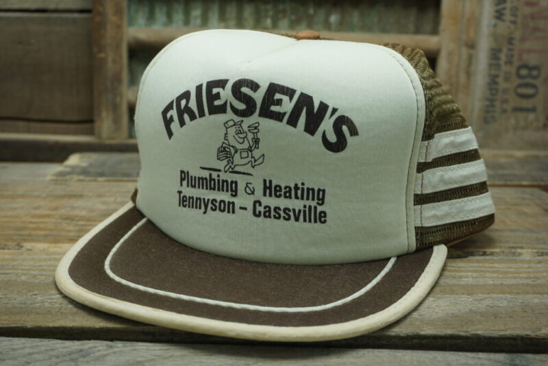 Vintage Friesen's Plumbing Heating Tennyson Cassville Wisconsin 3 Stripes Three Stripe Mesh Snapback Trucker Hat Cap