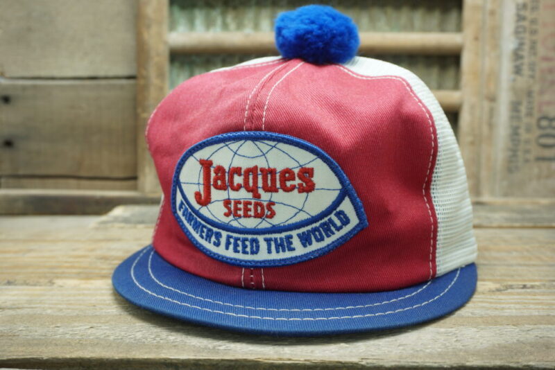 Vintage Jacques Seeds Farmers Feed The World Mesh Patch Ladies Pom Pom Short Bill Mesh Patch Snapback Trucker Hat Cap K Brand Made in USA