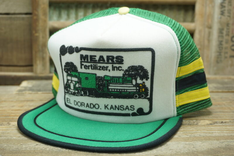 Vintage Mears Fertilizer INC El Dorado Kansas Mesh 3 Stripes Three Stripe Snapback Trucker Hat Cap Made In USA