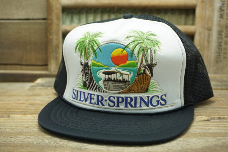 Vintage Silver Springs FL Florida Mesh Snapback Trucker Hat Cap Sunset Zebra Palm Trees beach