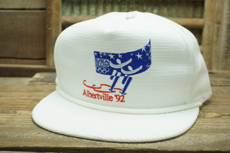 Vintage 1992 USA Winter Olympics Albertville '92 Corduroy Rope Strapback Snapback Trucker Hat Cap Made In USA