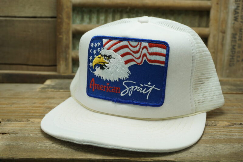 Vintage American Spirit Tobacco Mesh Patch Snapback Trucker Hat Cap American Flag Eagle USA
