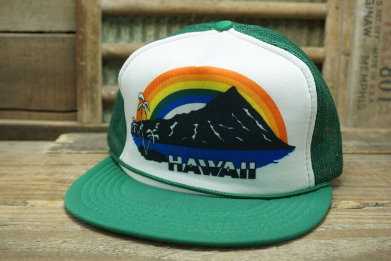 Vintage Hawaii Rainbow Volcano Palm Trees Ocean Rope Mesh Snapback Trucker Hat Cap
