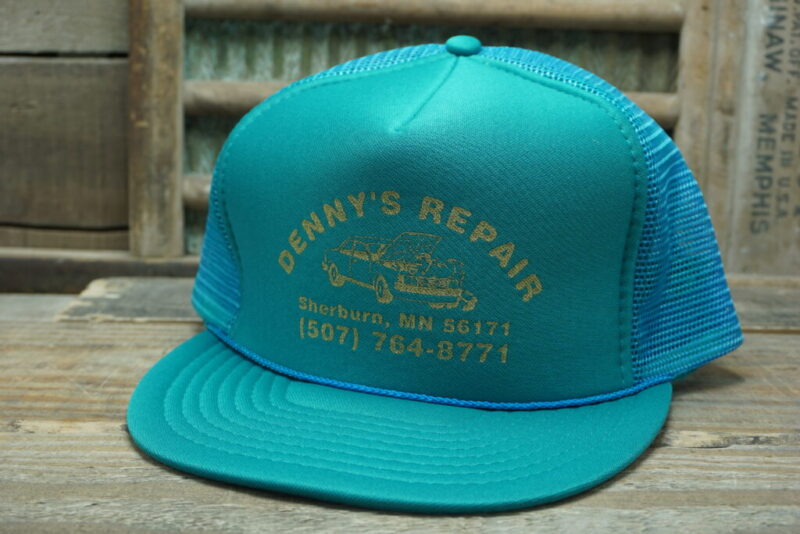 Vintage Denny's Repair Sherburn MN Minnesota 56171 507-764-8771 Mesh Snapback Trucker Hat Cap Car Repair Auto