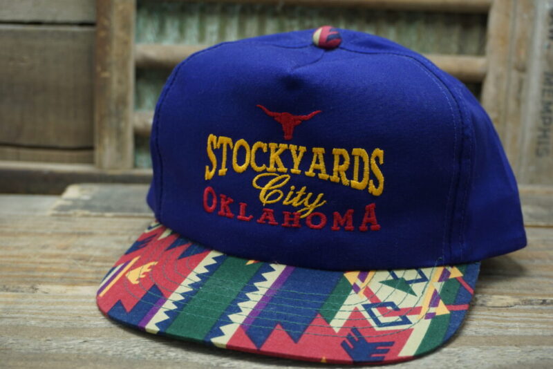 Vintage Stockyards City Oklahoma OK Horns Cattle Snapback Trucker Hat Cap Tribal Aztec