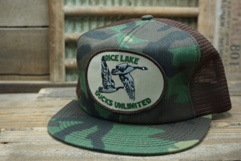 Vintage Rice Lake Ducks Unlimited Camo Mesh Patch Snapback Trucker Hat Cap K Products Made In USA