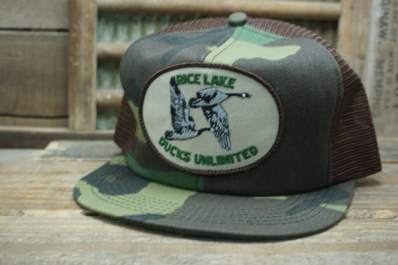 Vintage Rice Lake Ducks Unlimited Camo Mesh Patch Snapback Trucker Hat Cap K Products Made In USA