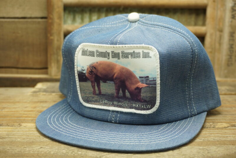 Vintage McLean County Hog Service Inc LeRoy Illinois IL HX1xLW Denim Patch Pig Snapback Trucker Hat Cap K Products Made In USA