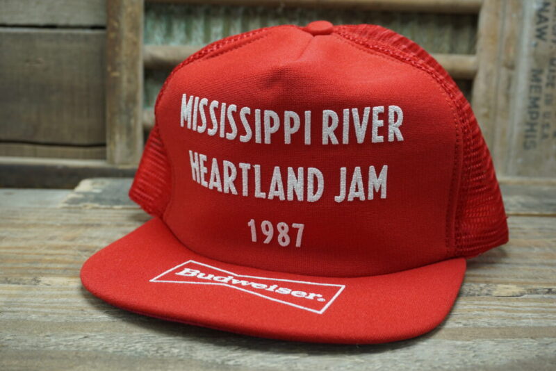 Vintage Mississippi River heartland Jam 1987 Budweiser Beer Mesh Snapback Trucker Hat Cap Made In USA
