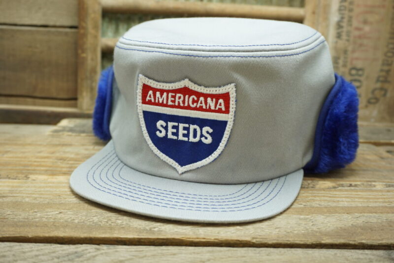 Vintage Americana Seeds Winter Flap Furry Ear Muffs Patch Snapback Trucker Hat Cap K BRAND Made In USA 7 3/8
