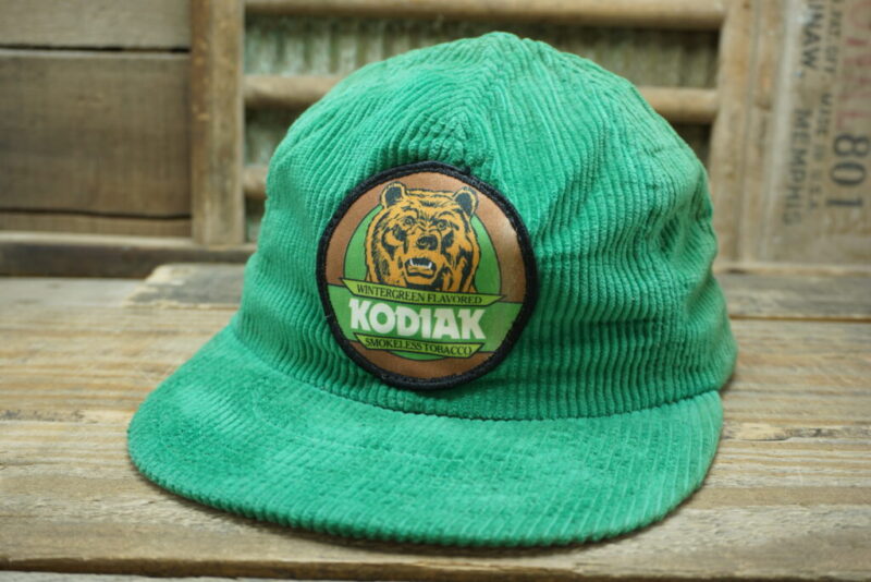 Vintage Kodiak Wintergreen Flavored Smokeless Tobacco Bear Corduroy Patch Snapback Trucker Hat Cap Made In USA
