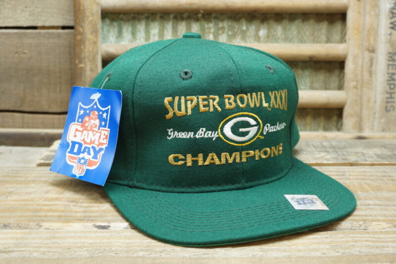 Vintage Green Bay Packers NFL Champions Super Bowl XXXI 31 1997 Sticker Tags Snapback Trucker Hat Cap Drew Pearson DP Headmaster Game Day Wool Blend