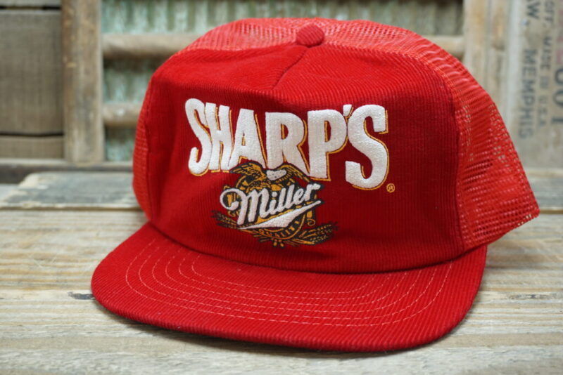 Vintage Miller Sharp's Non-Alcoholic Beer Corduroy Mesh Snapback Trucker Hat Cap Spartan Specialties Made In USA