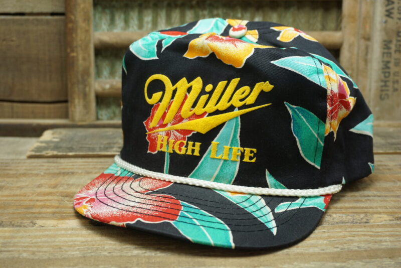 Vintage Miller High Life Floral Rope Beer Snapback Trucker Hat Cap San Sun