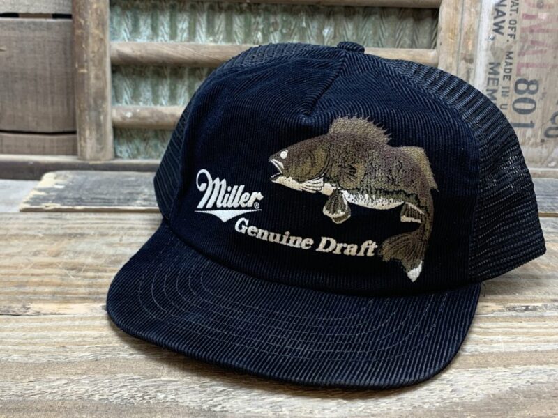 Vintage Miller Genuine Draft Beer Walleye Fish Corduroy Mesh Snapback Trucker Hat Cap Made In USA Spartan Specialties