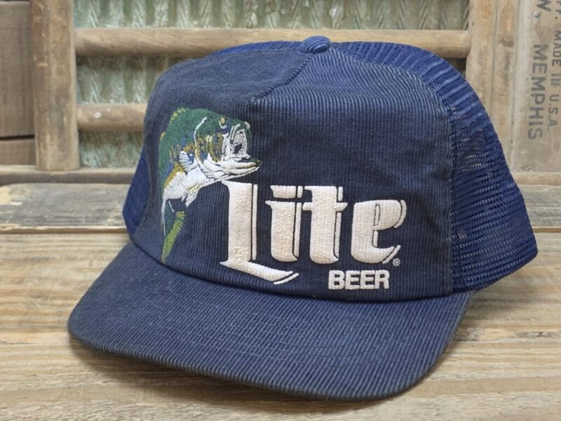 Vintage Miller Lite Beer Bass Fish Corduroy Mesh Snapback Trucker Hat Cap Made In USA