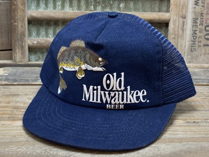 Vintage Old Milwaukee Beer Walleye Fish Corduroy Mesh Snapback Trucker Hat Cap Made In USA Spartan Specialties