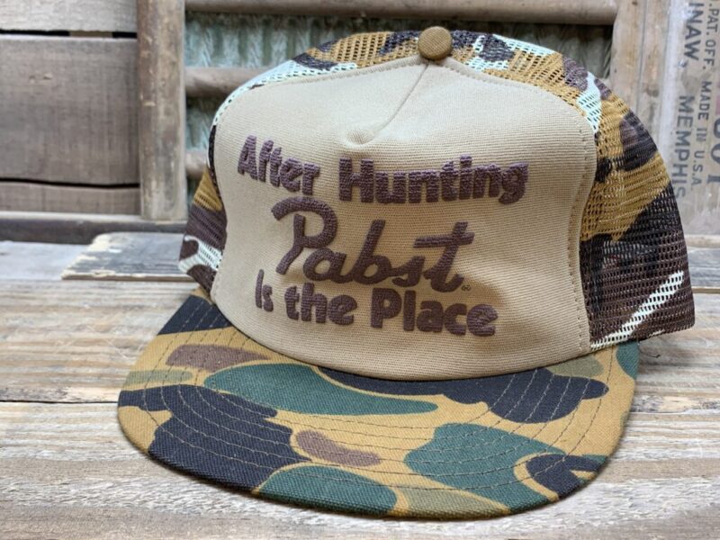 Vintage After Hunting Pabst is the Place Camo Mesh Snapback Trucker Hat Cap Made In USA