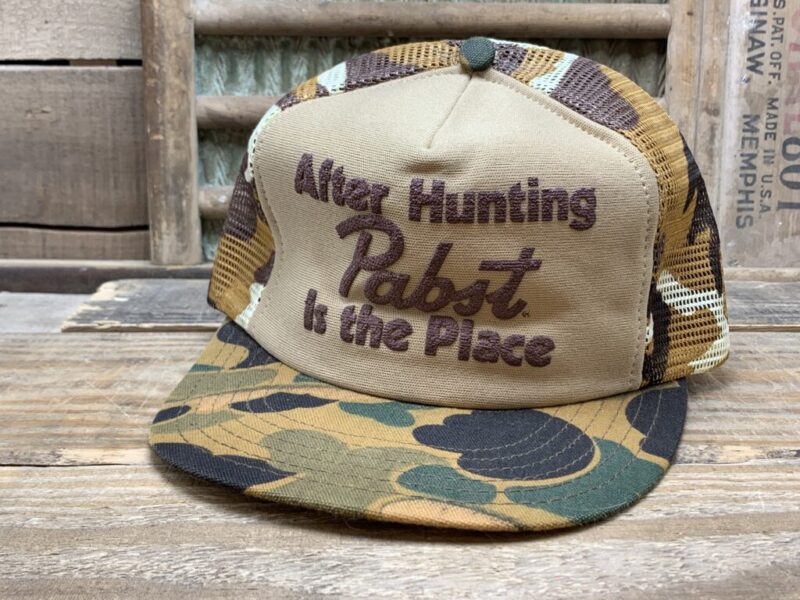 Vintage After Hunting Pabst is the Place Camo Mesh Snapback Trucker Hat Cap Made In USA